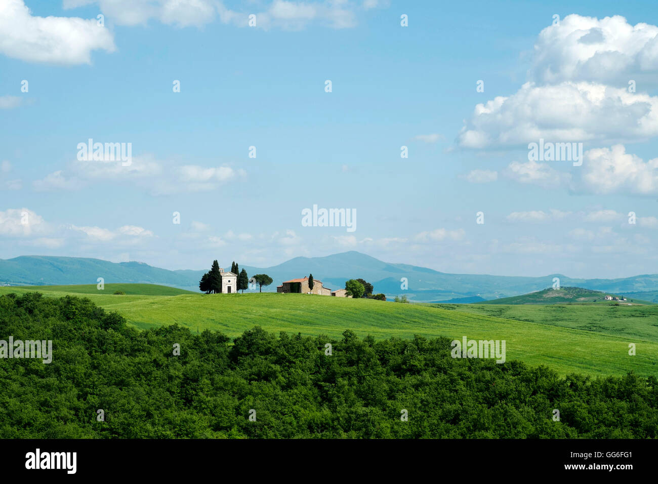 The Chapel of Our Lady of Vitaleta, Val D'Orcia, UNESCO World Heritage Site, Tuscany, Italy, Europe Stock Photo