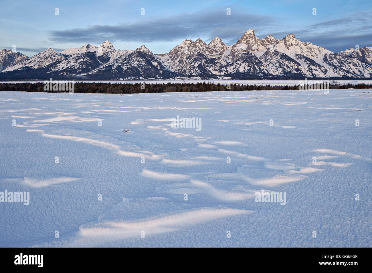 Tetons at dawn in the winter, Grand Teton National Park, Wyoming, United States of America, North America Stock Photo