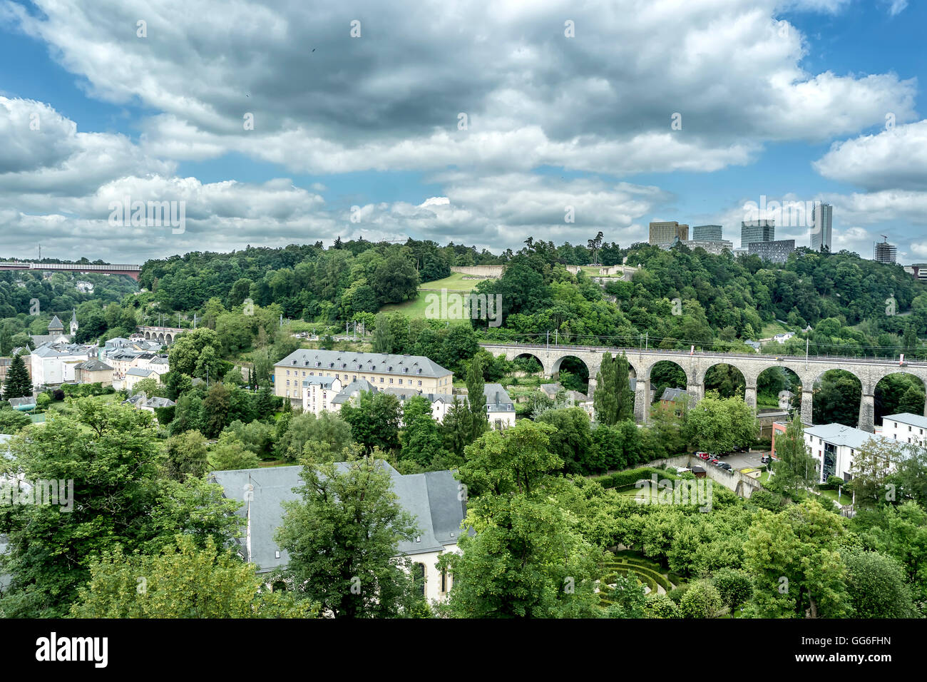 Panoramic Image of the Train Bridge and the Surrounding Area of Luxembourg Stock Photo