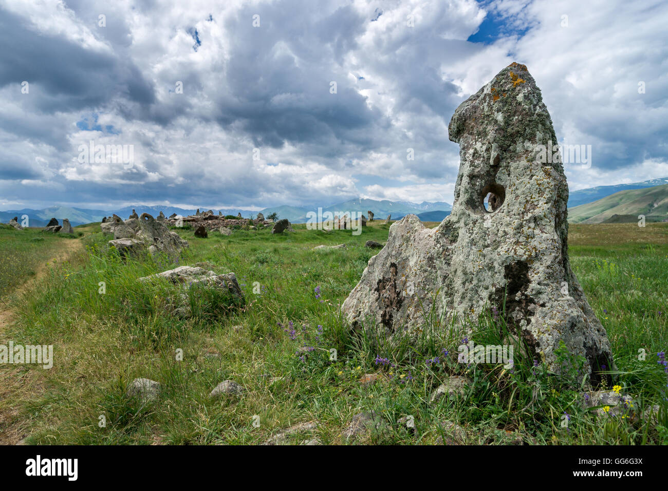 Zorats Karer megalithic site in Armenia Stock Photo