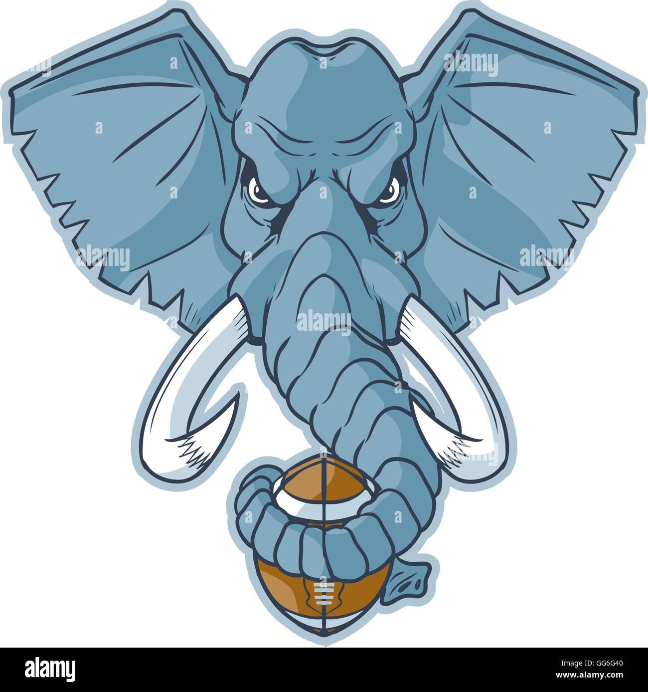 Vector cartoon clip art illustration of an elephant mascot head holding a football wrapped in its trunk. Stock Vector