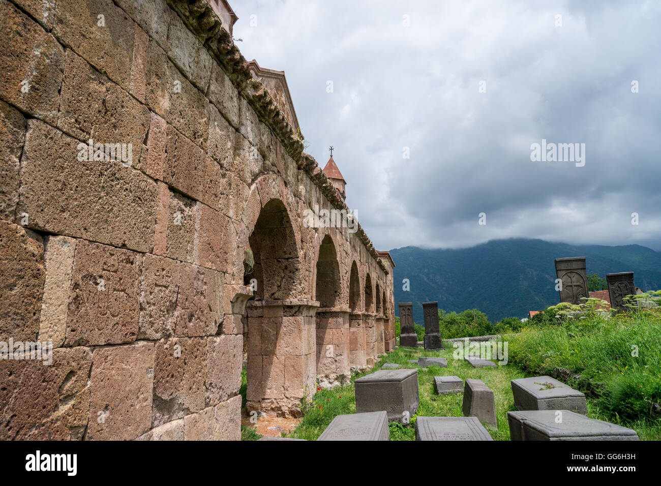 Arcaded cloister of Surb Astvatsatsin church at Odzun monastery in Armenia Stock Photo
