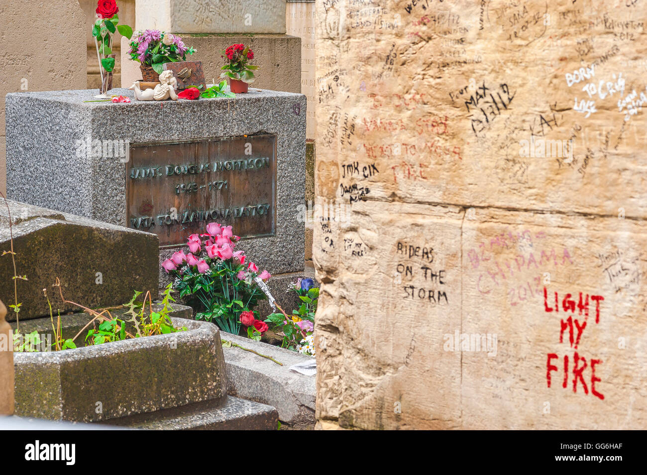 Paris Jim Morrison, view of the grave of rock musician and poet Jim Morrison in the Pere Lachaise Cemetery in Paris, France. Stock Photo