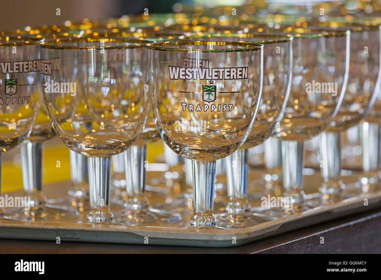 Tray with empty Trappist Westvleteren beer glasses in café Stock Photo