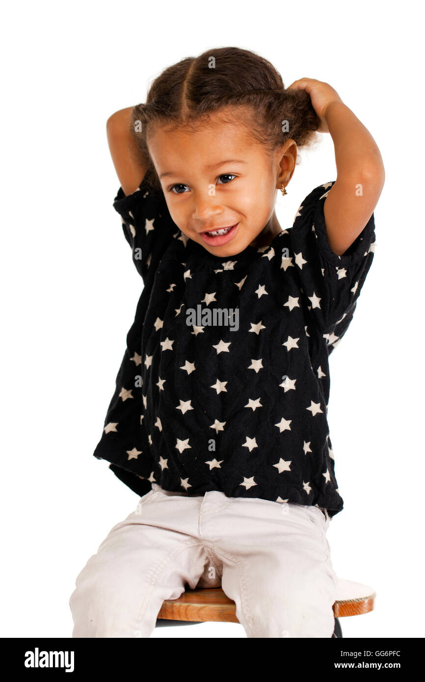 Portrait of beautiful happy little girl, isolated on white Stock Photo ...