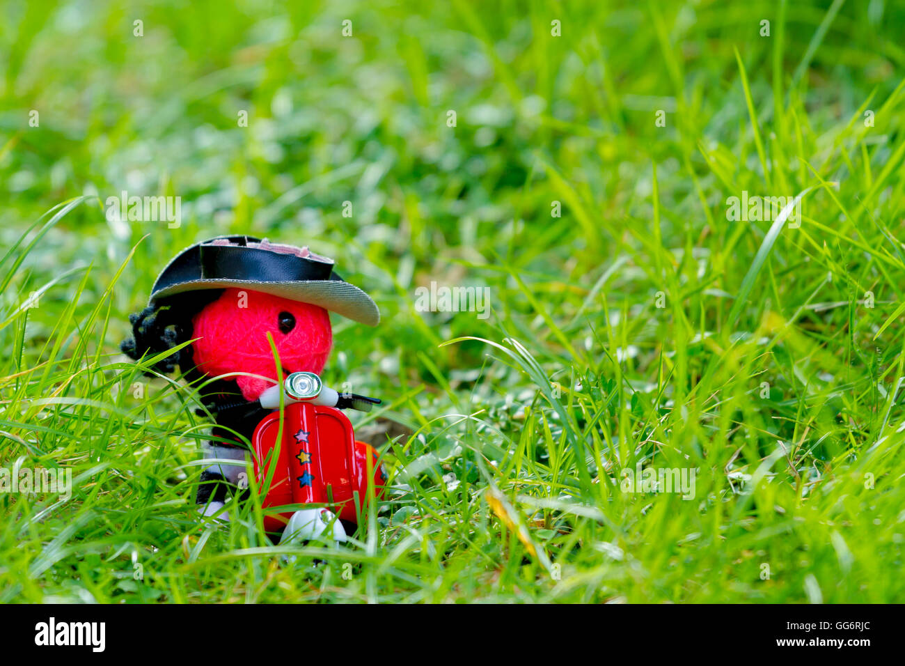 alone concept: the doll was left alone in the grass. Stock Photo