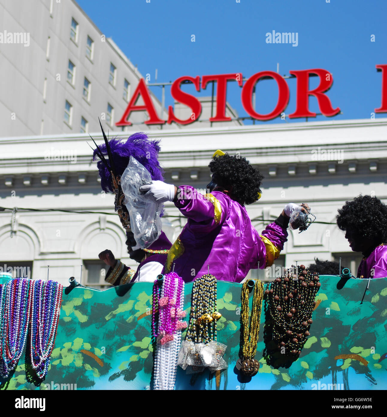 Beads thrown by a member of The Zulu Social Aid & Pleasure Club Carnival Krewe New Orleans Louisiana United States of America Stock Photo