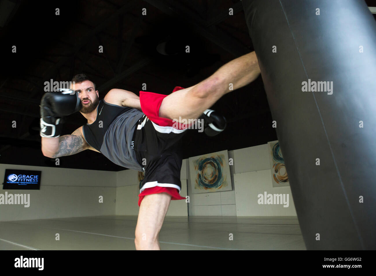 Man training with heavy bag Stock Photo Alamy