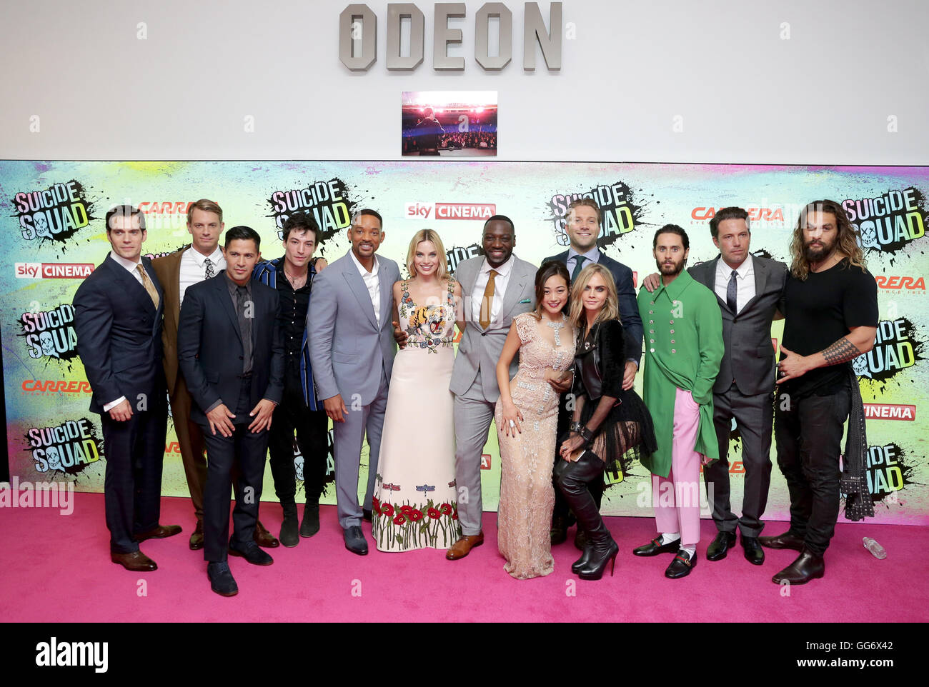 (left to right) Henry Cavill, Joel Kinnaman, Jay Hernandez, Ezra Miller, Will Smith, Margot Robbie, Adewale Akinnuoye-Agbaje, Karen Fukuhara, Jai Courtney, Cara Delevingne, Jared Leto, Ben Affleck and Jason Momoa arriving for the Suicide Squad European Premiere, at the Odeon Leicester Square, London. PRESS ASSOCIATION Photo. Picture date: Wednesday August 3, 2016. See PA story SHOWBIZ Suicide. Photo credit should read: Daniel Leal-Olivas/PA Wire Stock Photo