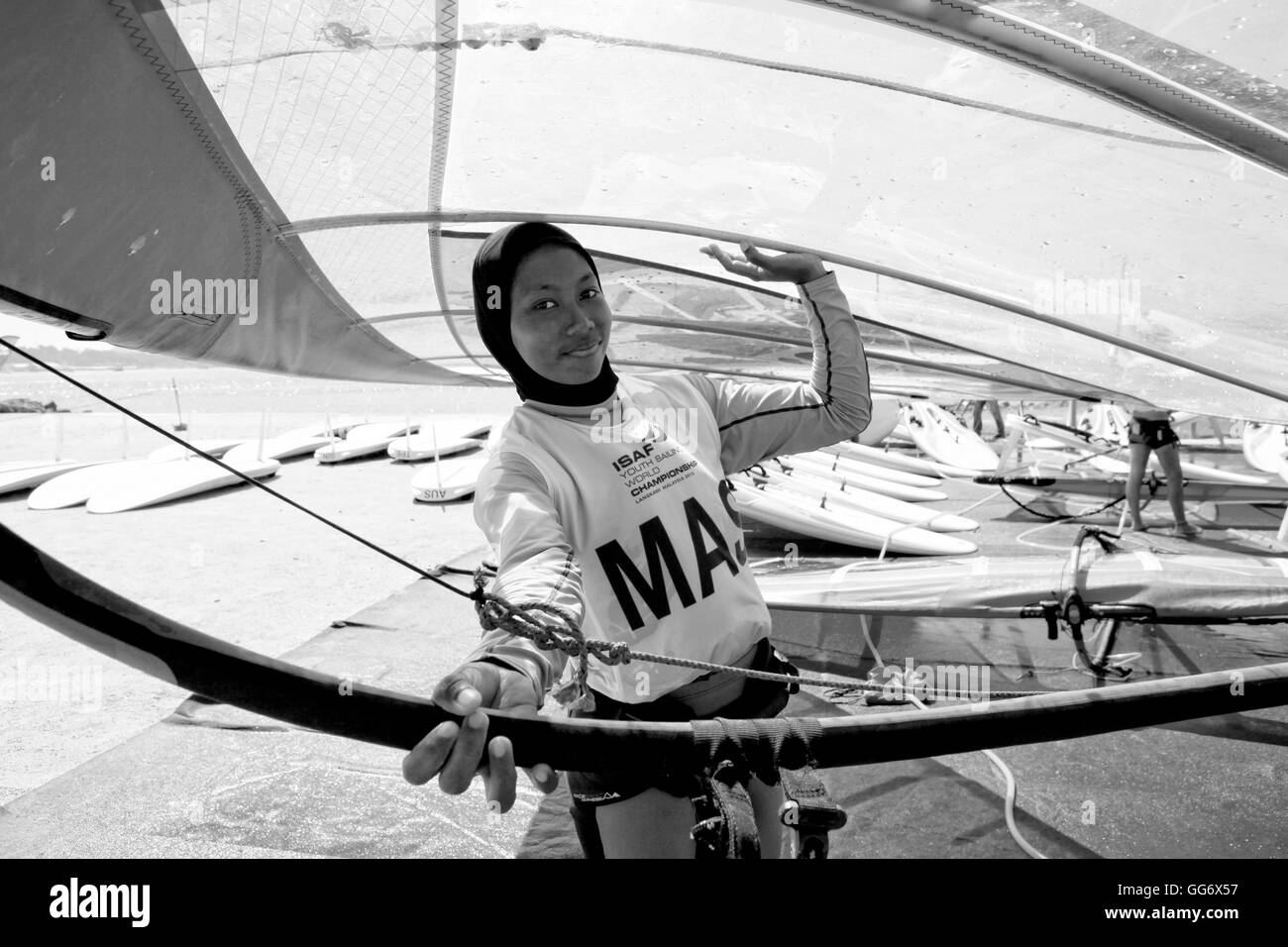 MalaysiaRS:XWomenHelmMASAD6Aida AfiqahDzukarnian Azam Day6, Final Day, 2015 Youth Sailing World Championships, Langkawi, Malaysi Stock Photo