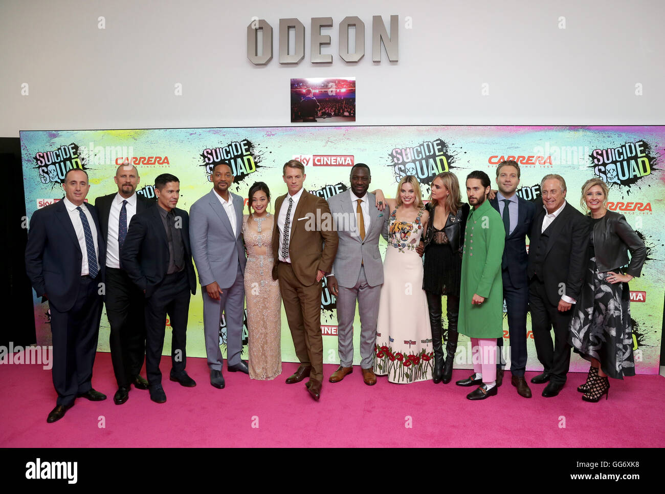 (left to right) Richard Suckle, Director David Ayer, Jay Hernandez, Will Smith, Karen Fukuhara, Joel Kinnaman, Adewale Akinnuoye-Agbaje, Margot Robbie, Cara Delevingne, Jai Courtney, Jared Leto, Charles Roven and wife Stephanie Haymes arriving for the Suicide Squad European Premiere, at the Odeon Leicester Square, London. PRESS ASSOCIATION Photo. Picture date: Wednesday August 3, 2016. See PA story SHOWBIZ Suicide. Photo credit should read: Daniel Leal-Olivas/PA Wire Stock Photo