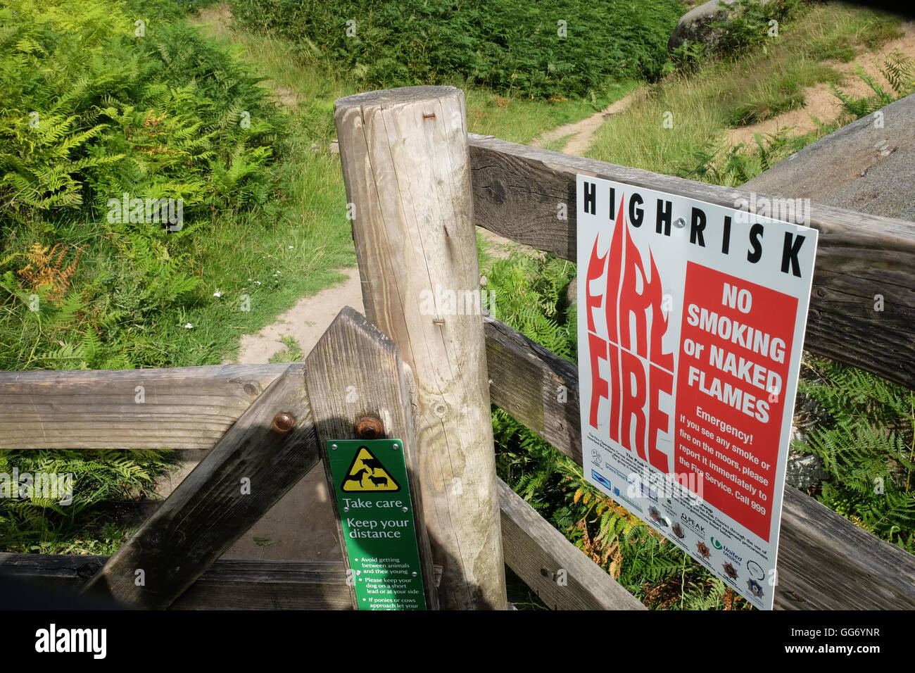 Fire warning sign in Peak District National Park, UK Stock Photo
