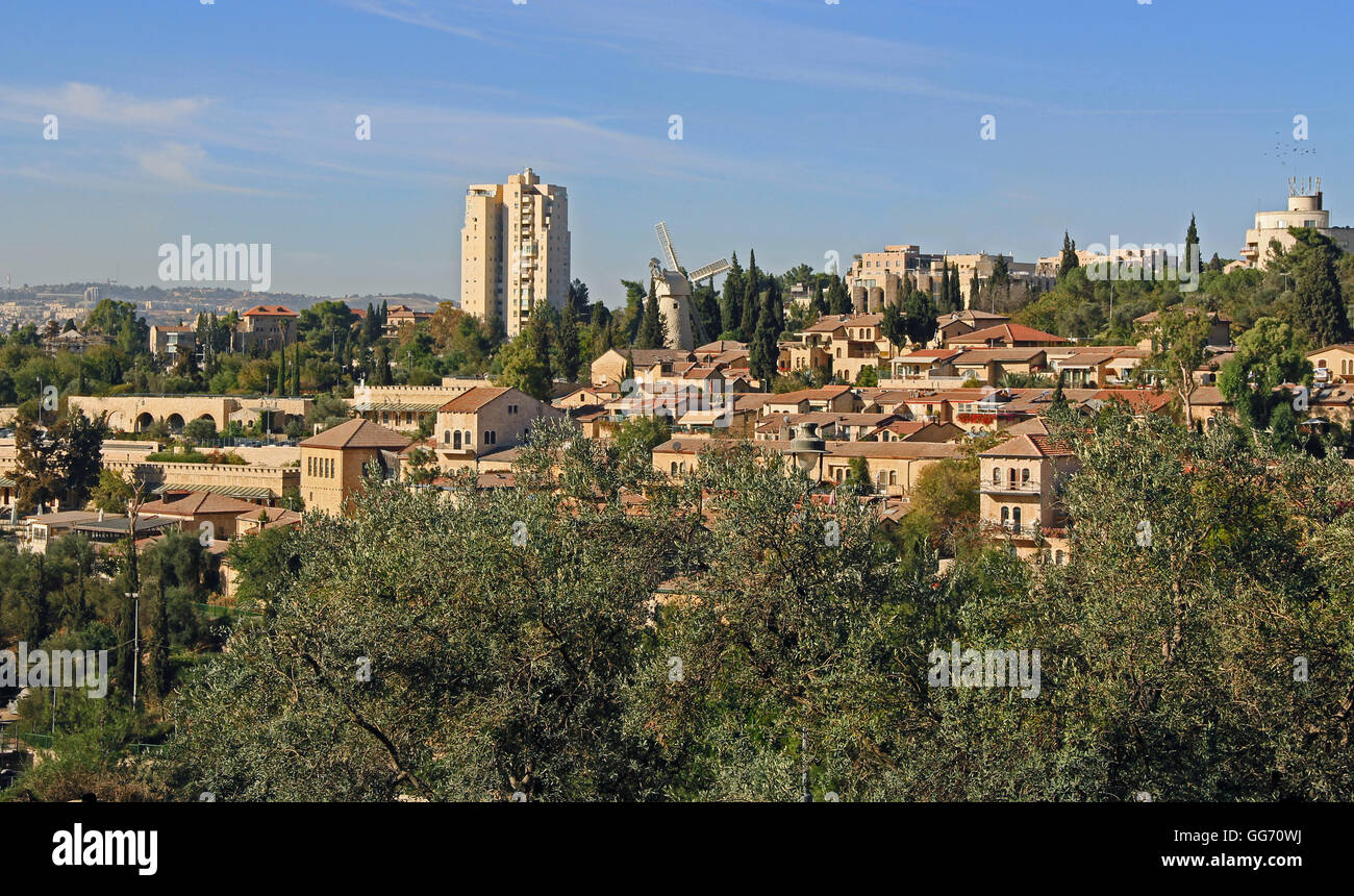 Yemin Moshe neighborhood - first neighborhood that was constructed outside the Old City walls of Jerusalem. Montefiore windmill Stock Photo