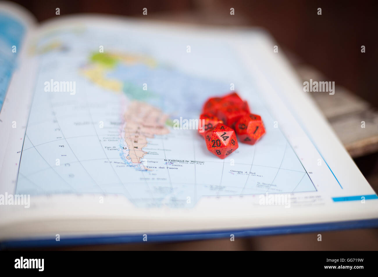 South America map with red special dice for war role playing game Stock Photo