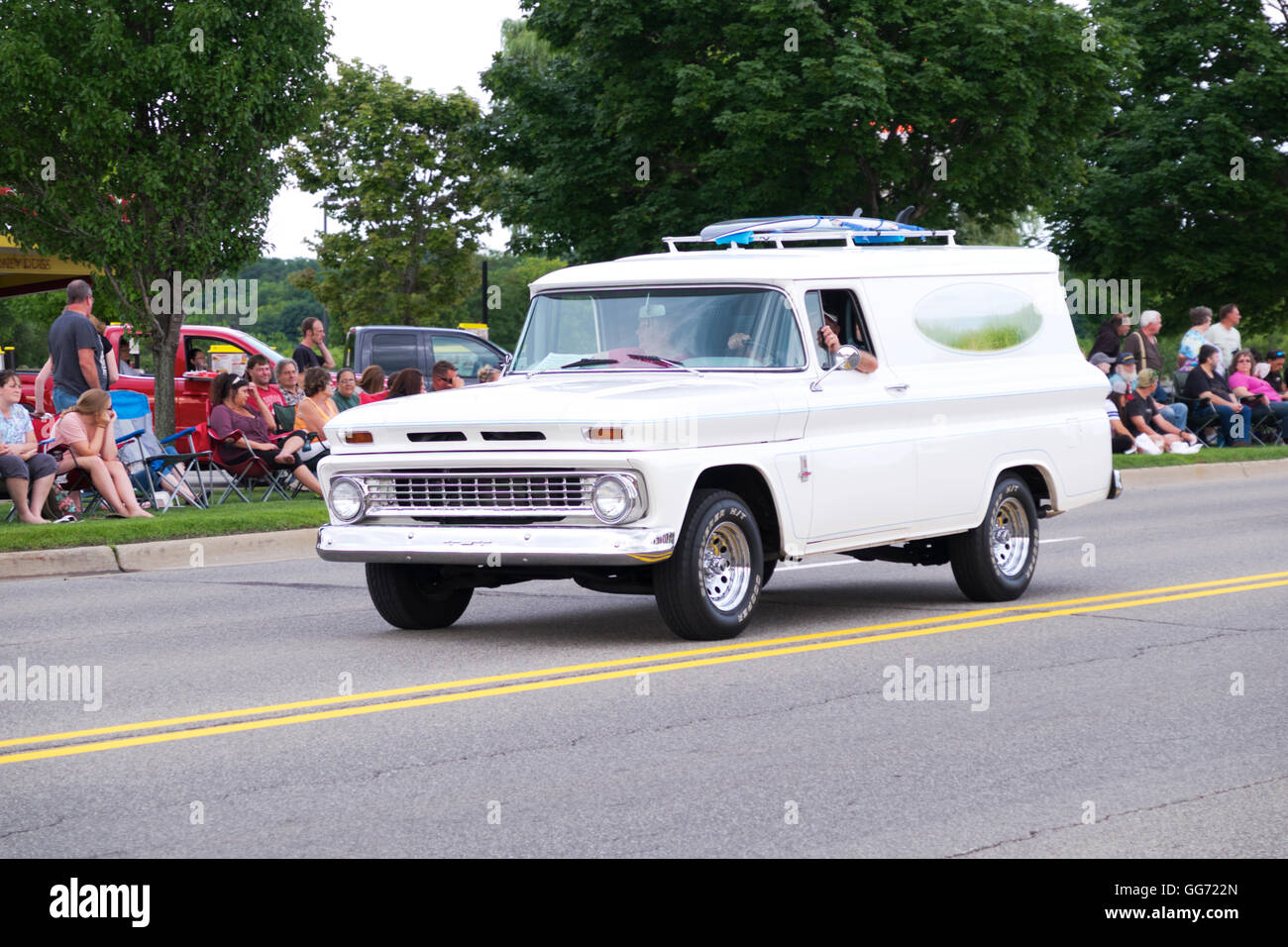 1950s Panel Truck runs in the 2016 Annual Cruz In Parade through Whitehall and Montague, Michigan. Stock Photo