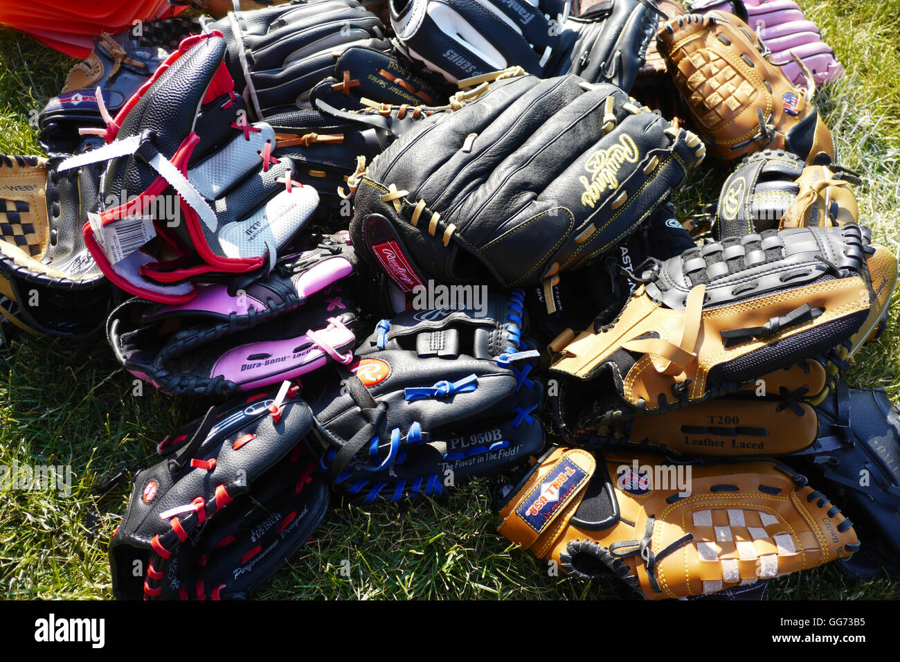 Piles of well-used baseball mitts for kids and adults piled on grass in the sun. Stock Photo
