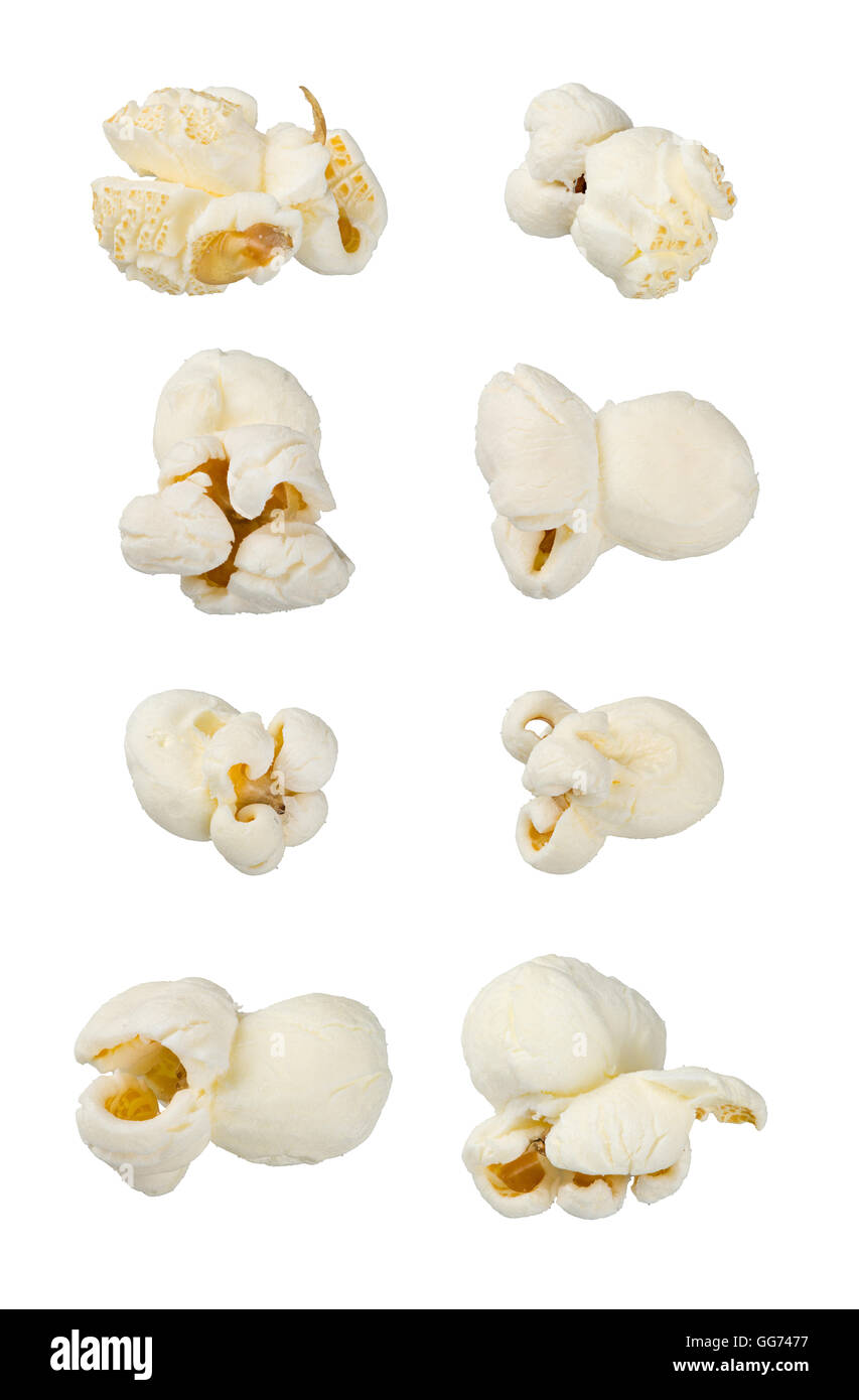 Single popcorns isolated on white. Extra large macro set. Extreme close