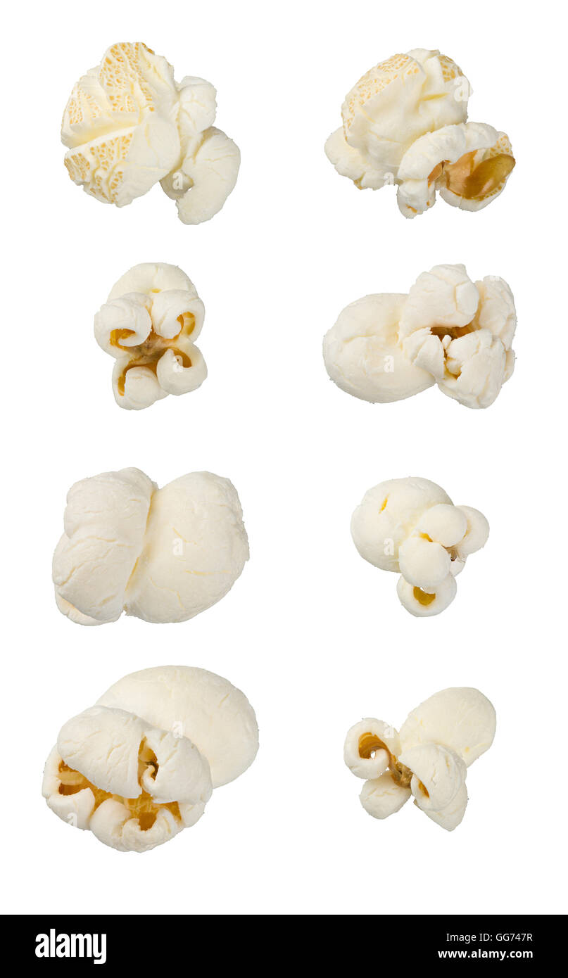 Single popcorns isolated on white. Extra large macro set. Extreme close