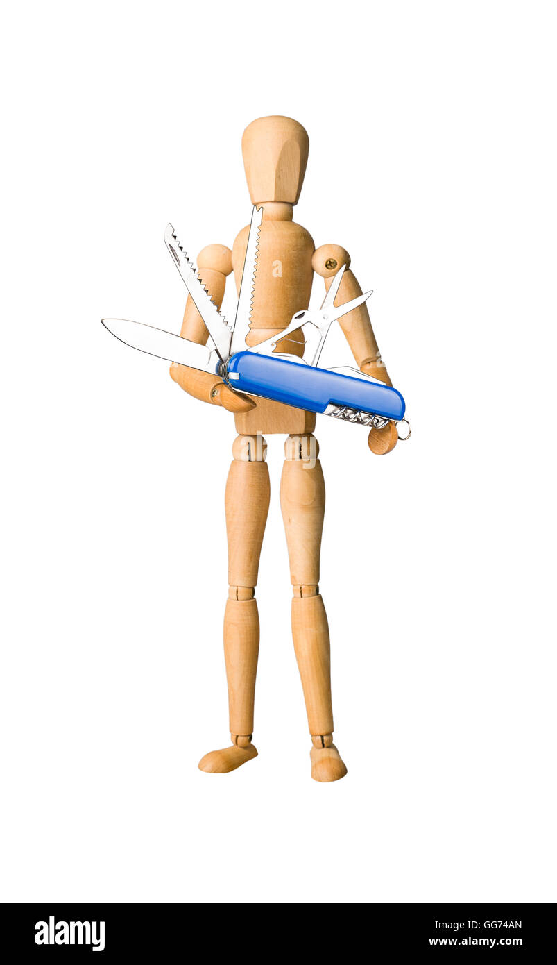 Wooden mannequin holding swiss knife isolated on white. Solution concept. Stock Photo