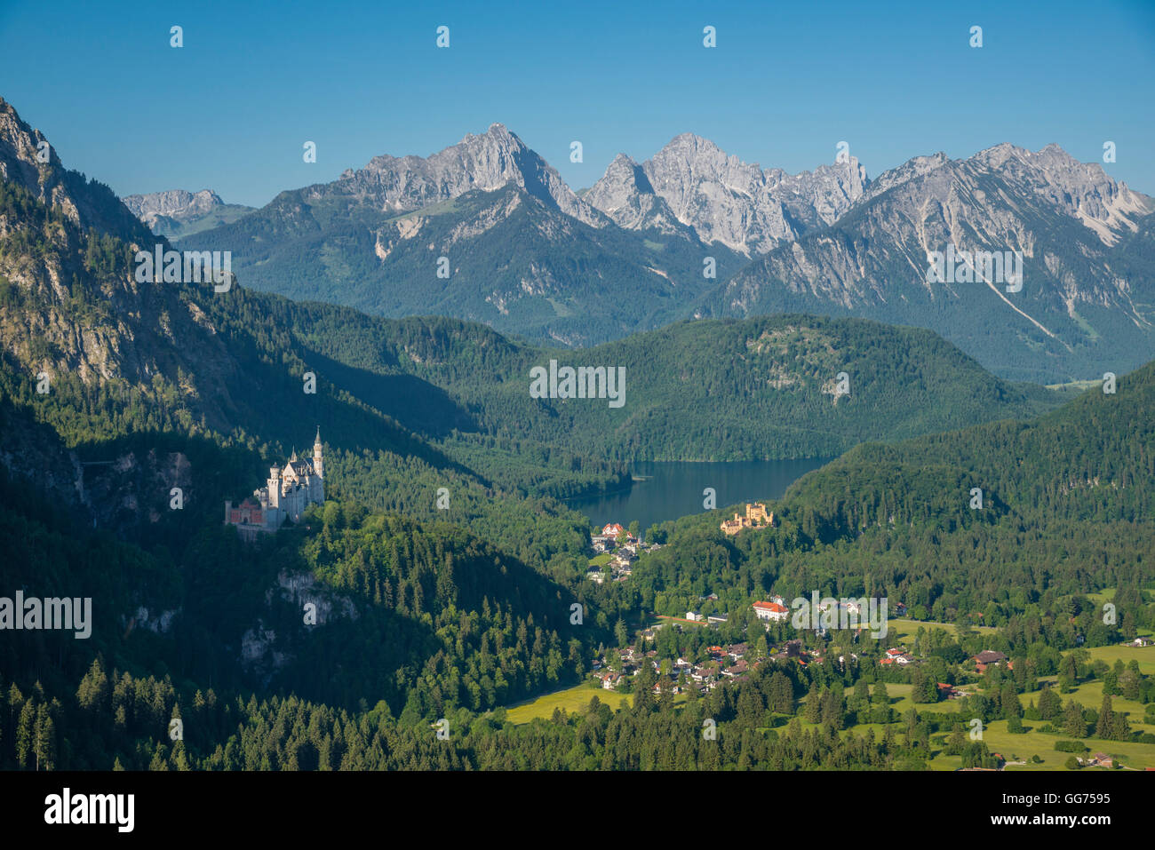 Neuschwanstein Castle, Alpsee, Hohenschwangau Castle, East Allgaeu Stock Photo
