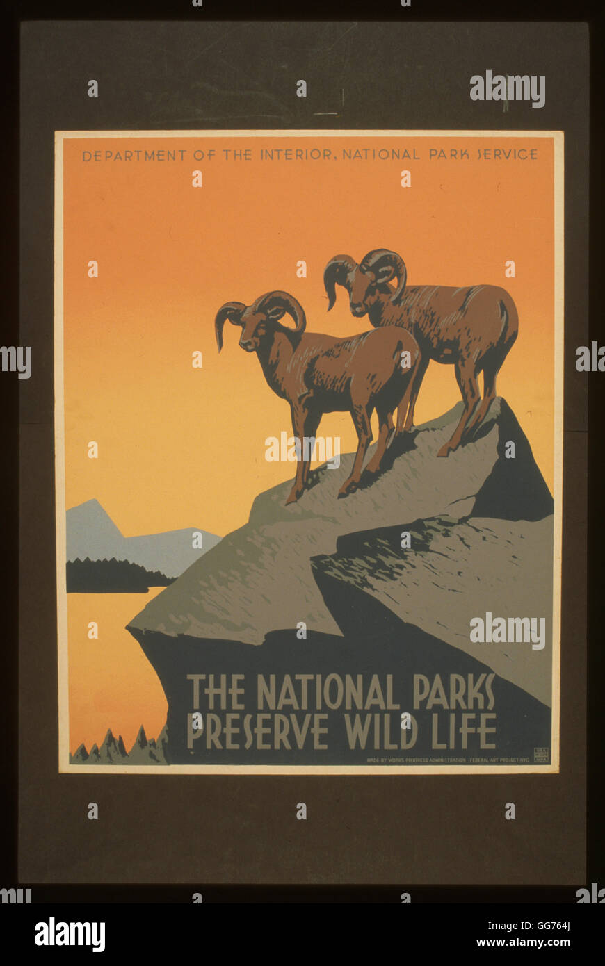 Poster for National Park Service promoting travel to national parks, showing two bighorn sheep. Stock Photo