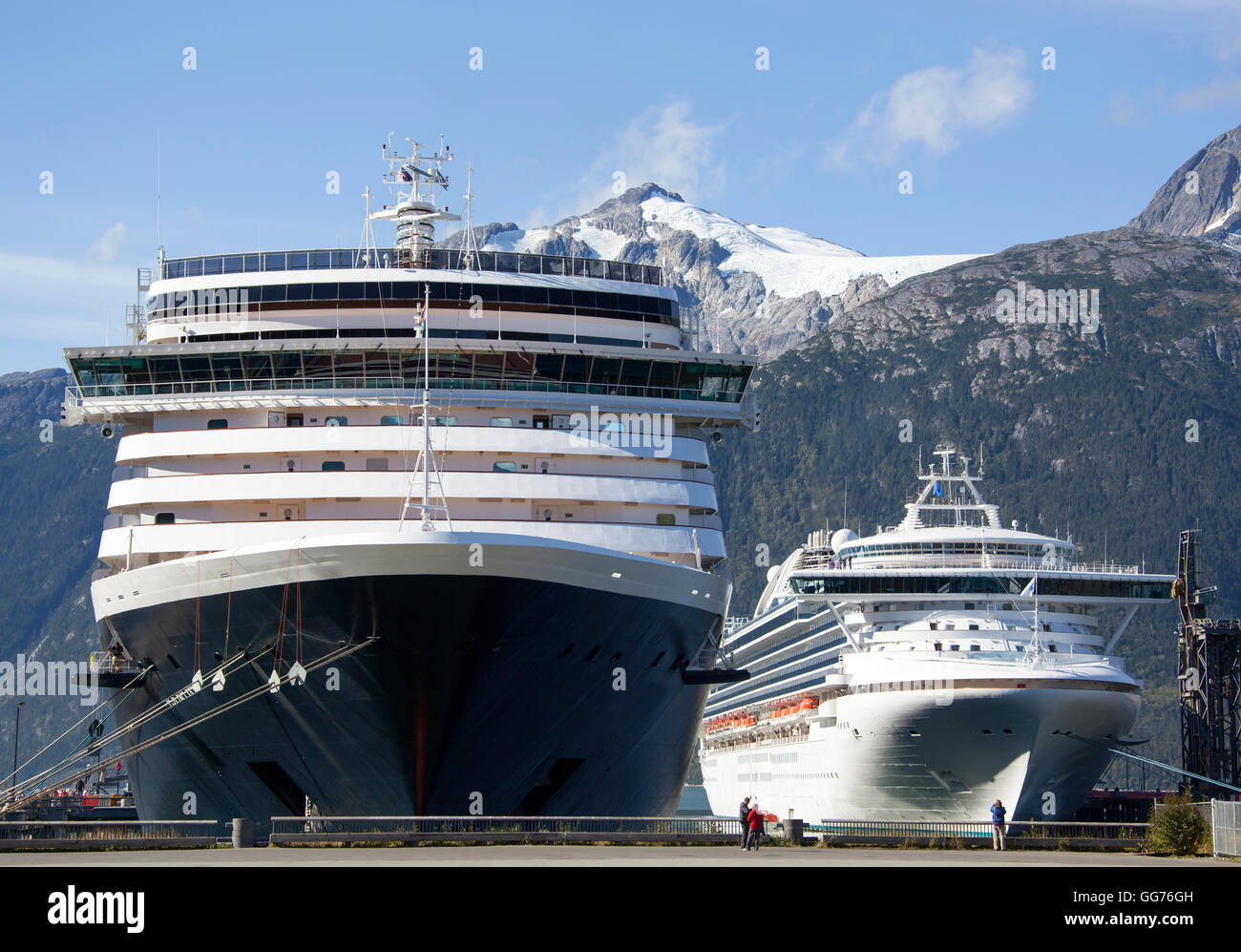 Two giant cruise liners docked in Skagway (Alaska). Stock Photo