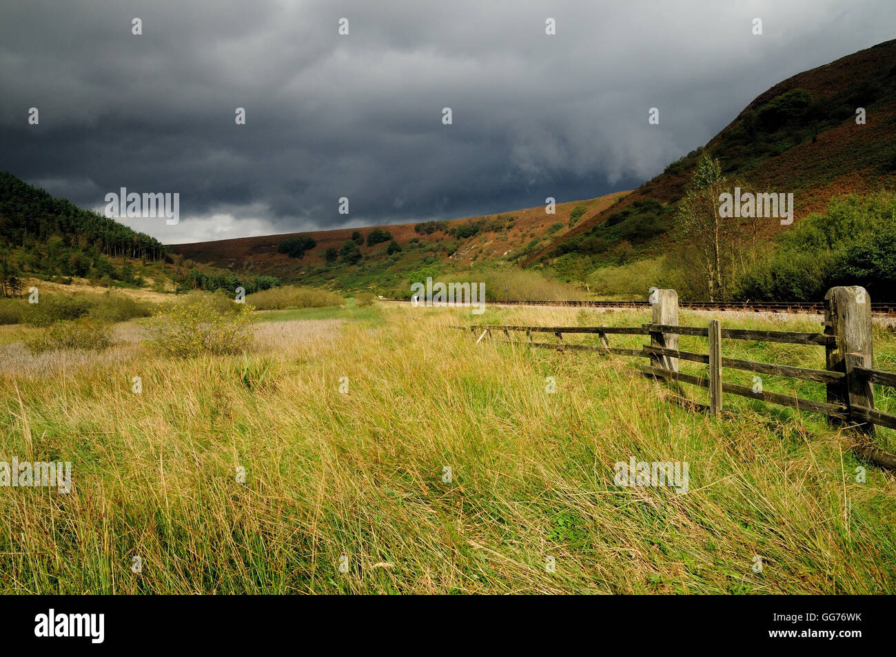 Sunshine and storm clouds over the North Yorks moors beside the railway line. Stock Photo
