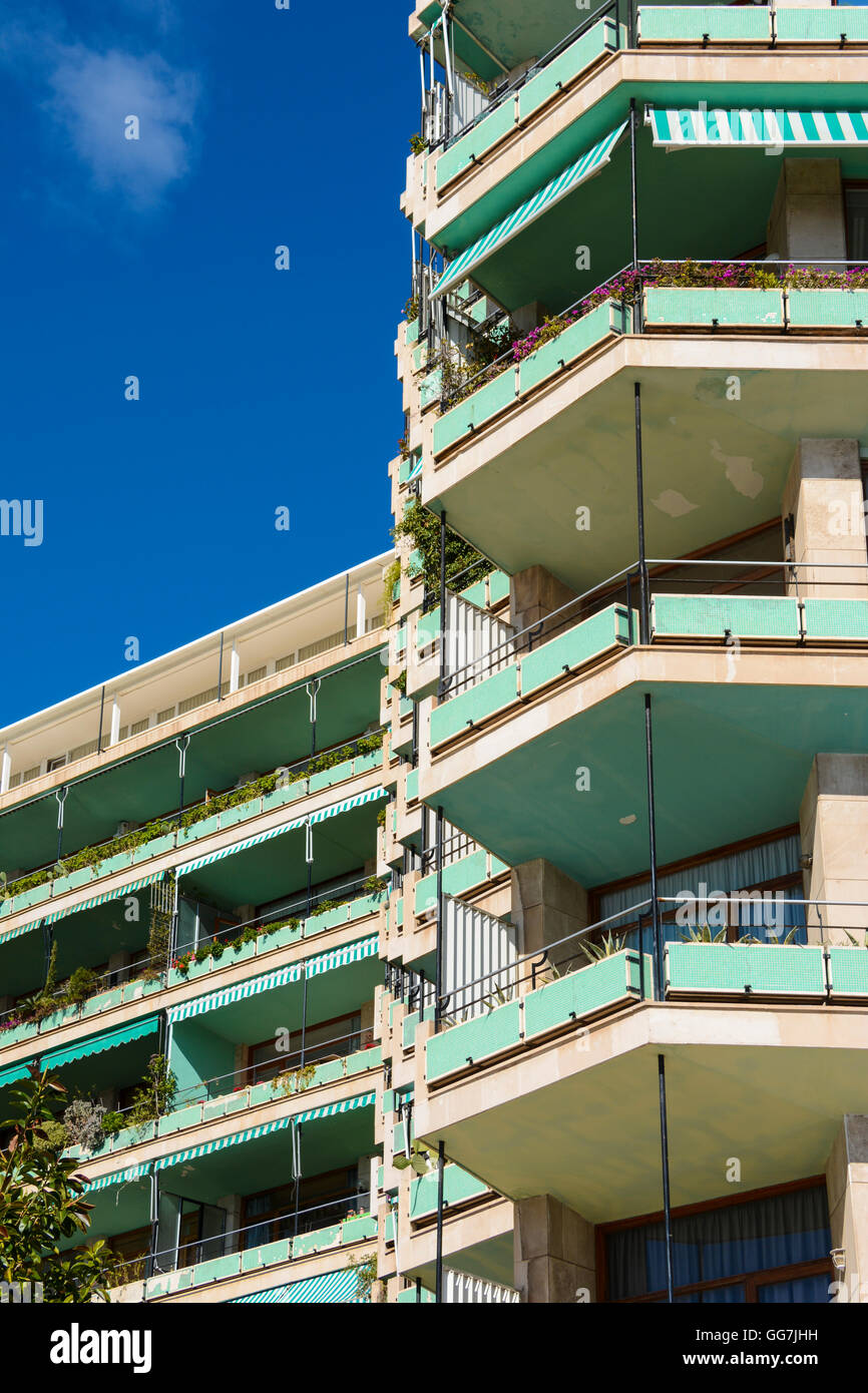 Green balconies and awnings of apartments or holiday flats on Avinguda de Gabriel Roca, Palma de Mallorca, Balearic Islands Stock Photo