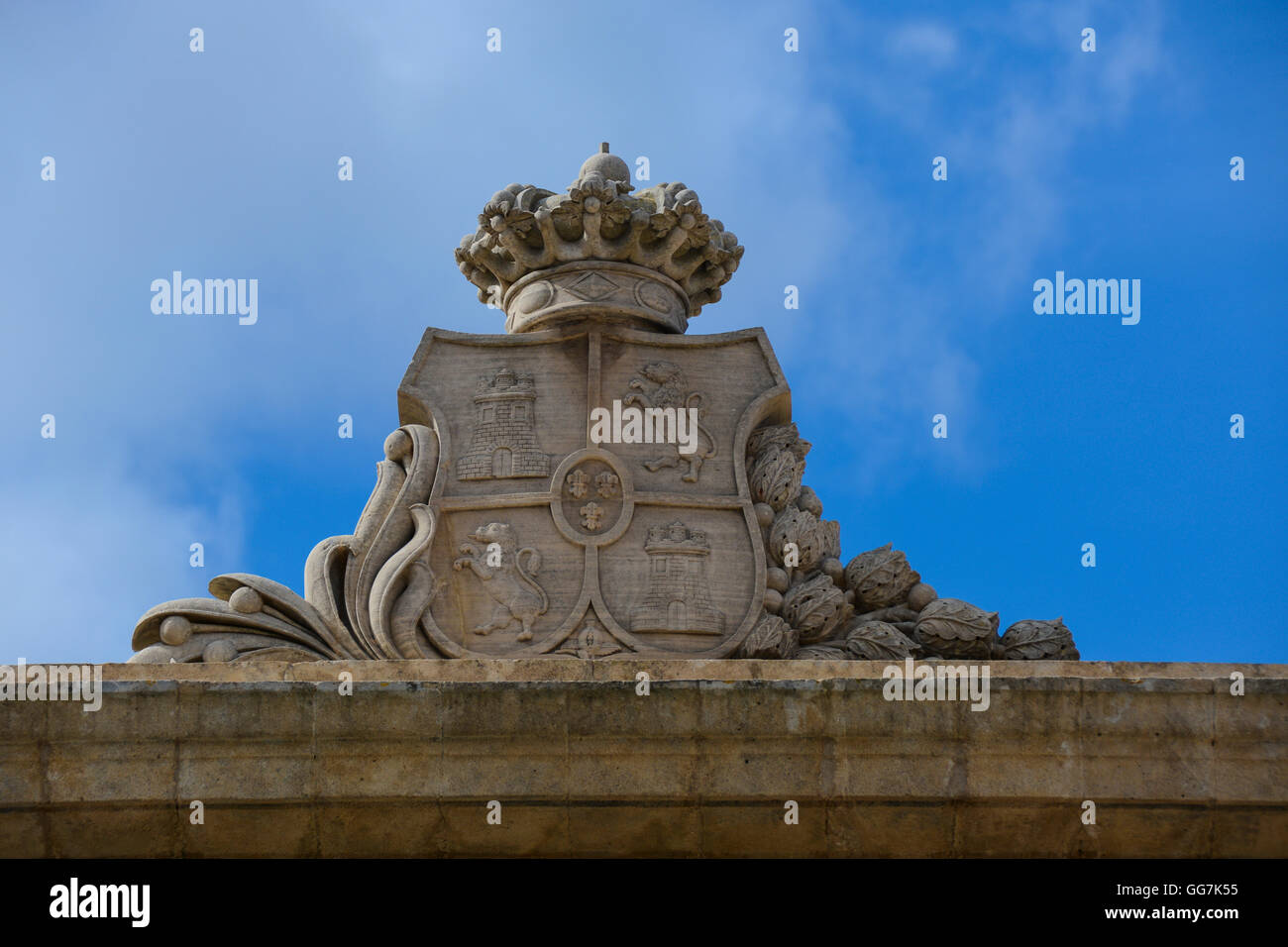 Stone carved crest on entrance to Bellver Castle, Palma, Majorca,  Palma, Majorca, Spain, Baleari Stock Photo