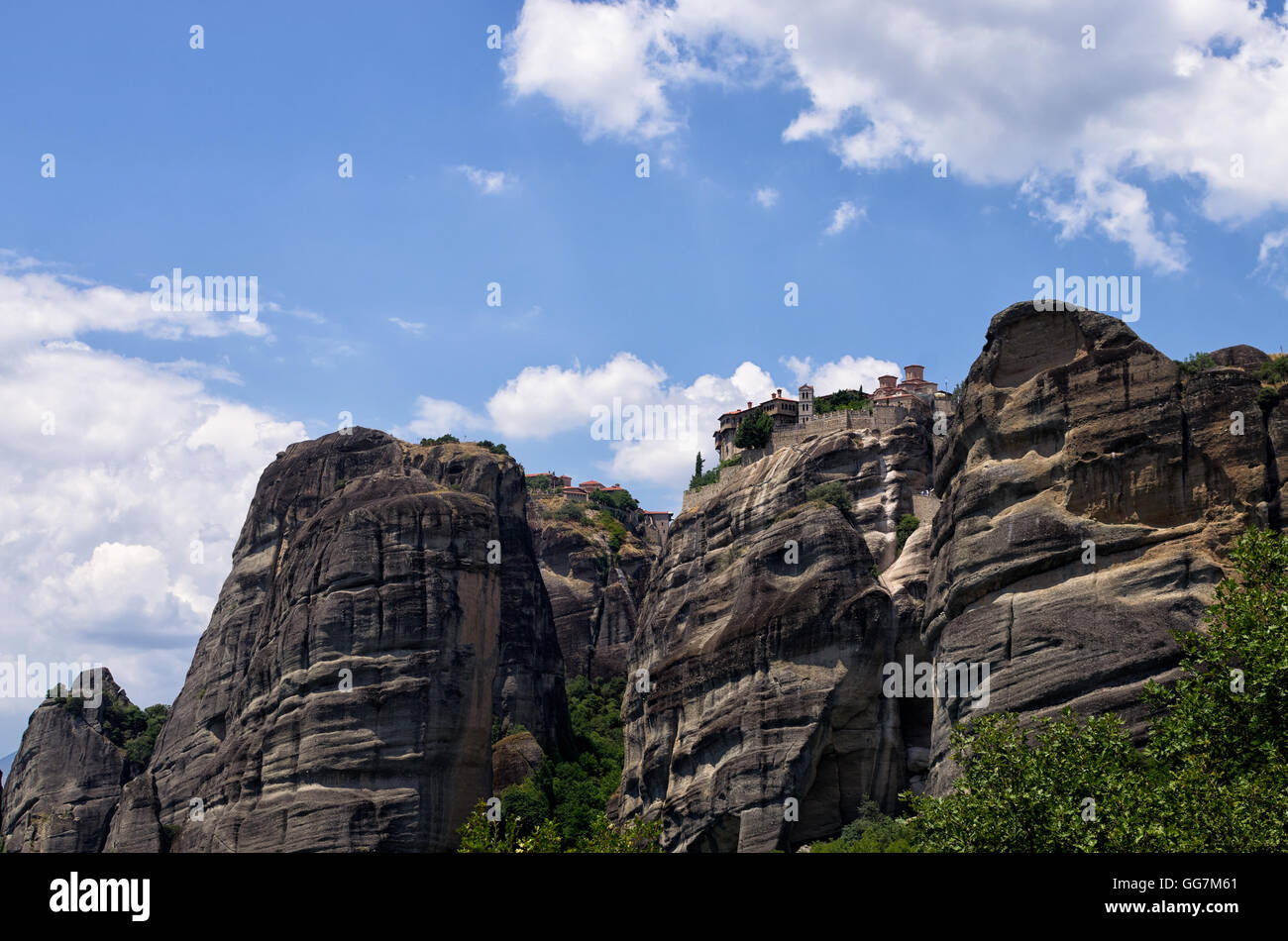 Amazing scenery with a monastery on top of a huge rock in Meteora ...