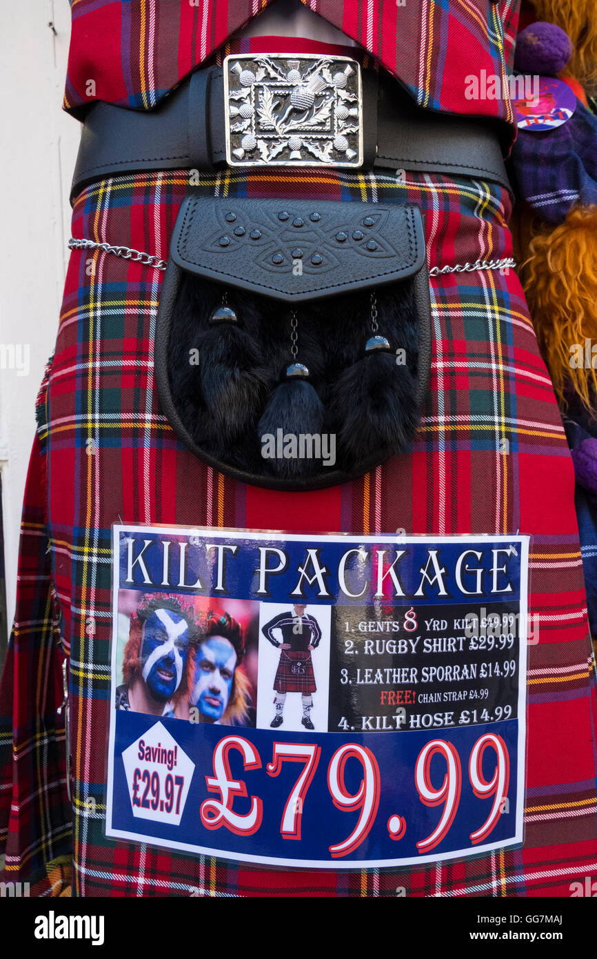 Close up of traditional Scottish tartan kilt and sporran package for sale in tourist shop in Edinburgh Scotland, united Kingdom Stock Photo