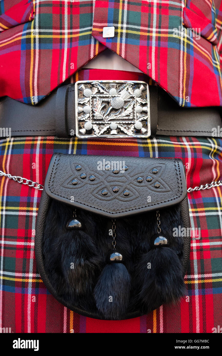 Close up of traditional Scottish tartan kilt and sporran Stock Photo