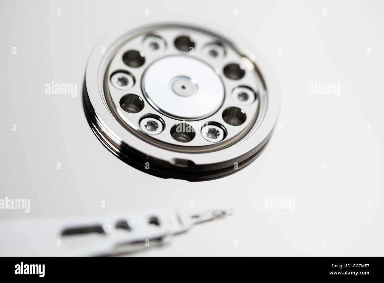 computer hard drive, opened HDD drive, close up. Stock Photo