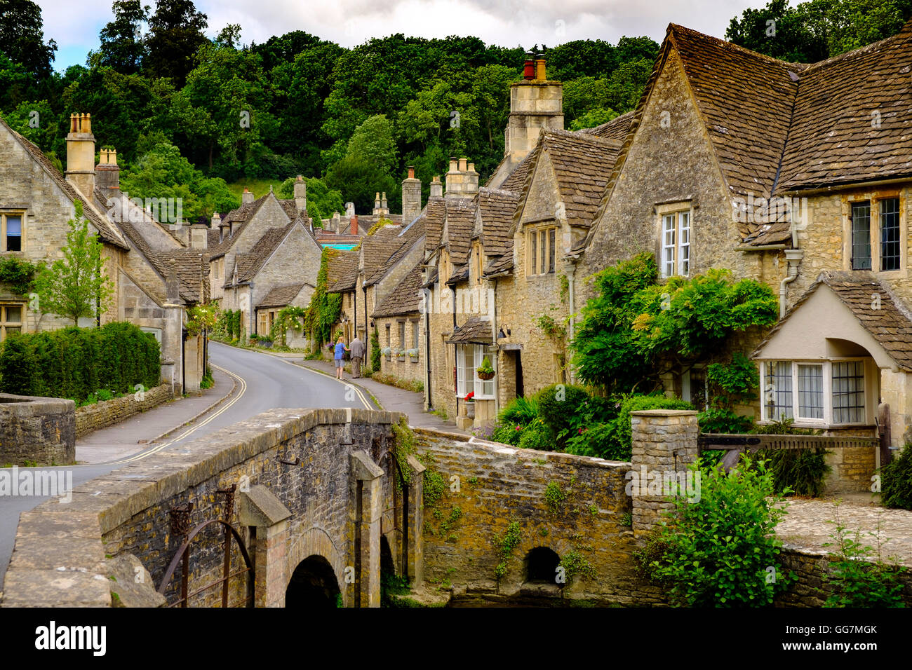 View of historic village Castle Combe in Cotswolds in Wiltshire, England, United Kingdom Stock Photo