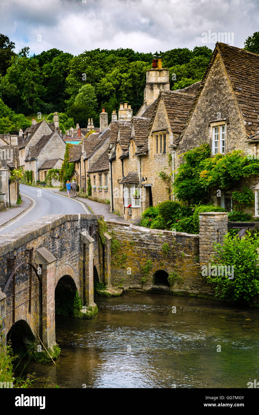 View of historic village Castle Combe in Cotswolds in Wiltshire, England, United Kingdom Stock Photo