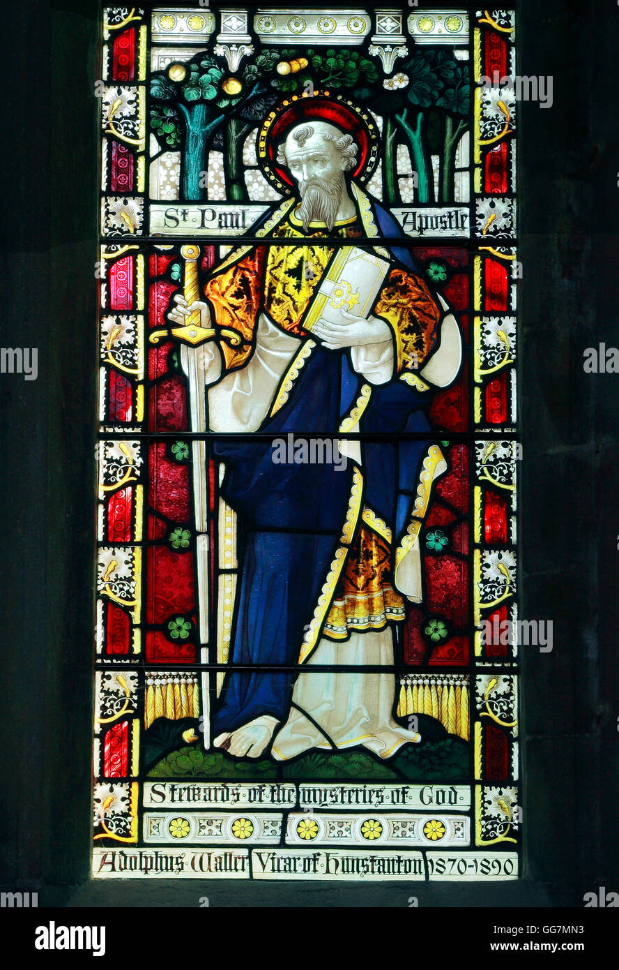 St. Paul, Apostle, Old Hunstanton stained glass window, by Clayton and Bell, c.1890, Norfolk England UK Saint Saints Stock Photo