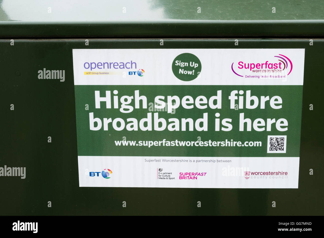 Sign on junction box from BY Openreach high speed broadband service. Stock Photo