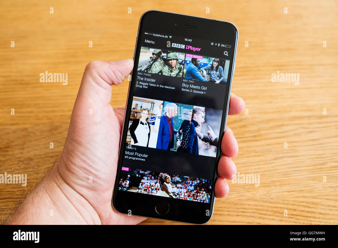 Detail of BBC iPlayer TV streaming catchup service app screen  on iPhone 6 smart phone Stock Photo