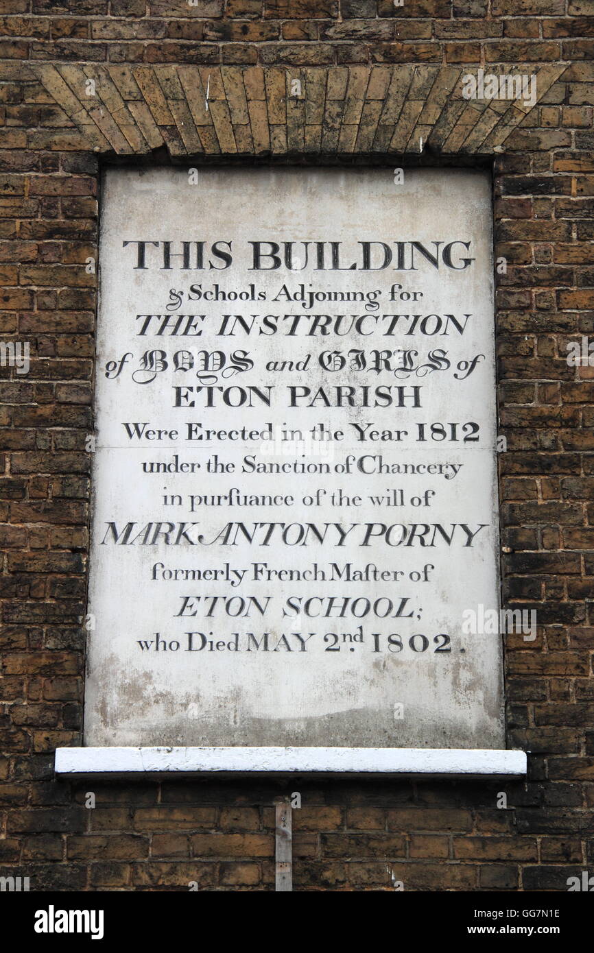 Plaque marking first site of Eton Porny School, High Street, Eton, Berkshire, England, Great Britain, United Kingdom, UK, Europe Stock Photo