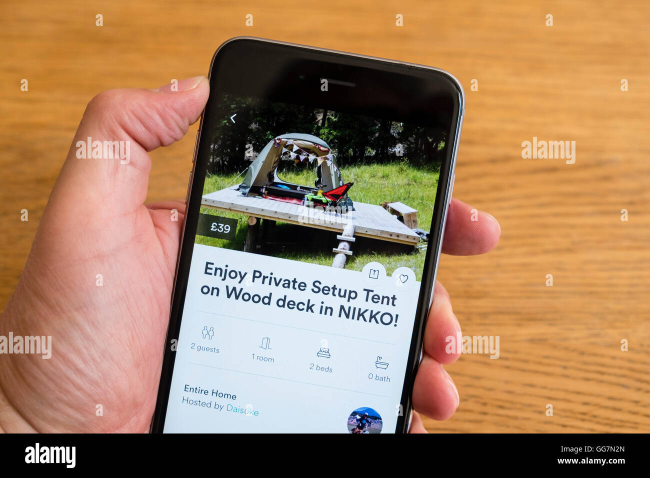 Airbnb app showing tent for rent in Japan Stock Photo