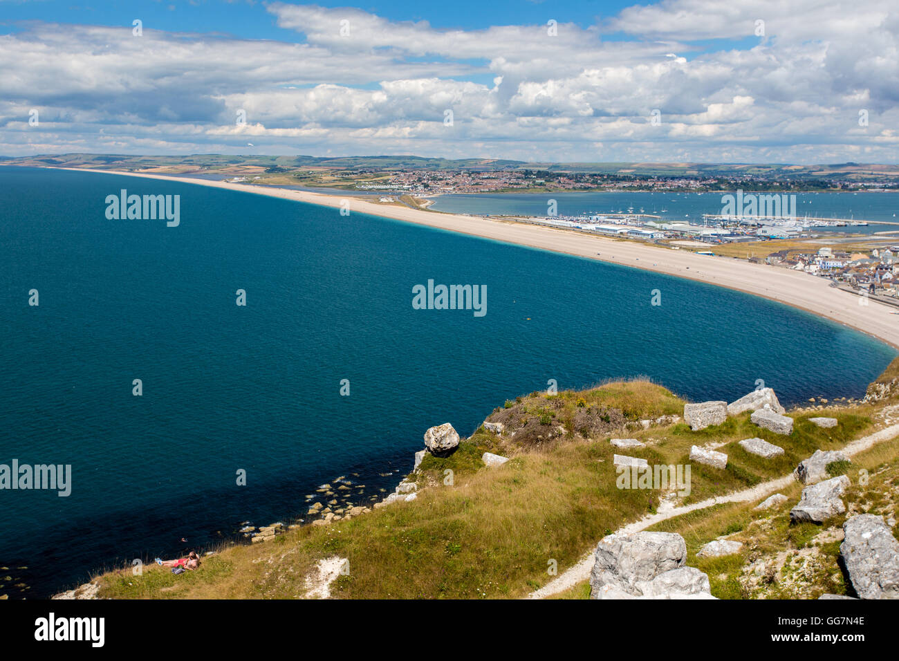 Aerial image of Chesil Beach Chesil Bank, 29 km long shingle beach, a  tombolo connecting mainland to the Isle of Portland, Jurassic Coast, UNESCO  Worl - SuperStock