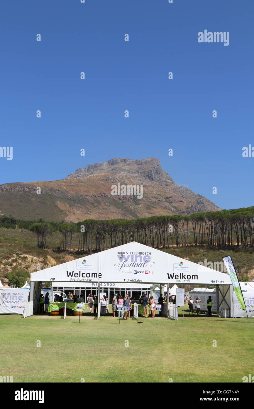 Entrance gate with the mountains backlit at the 2016 Stellenbosch Wine Festival Stock Photo