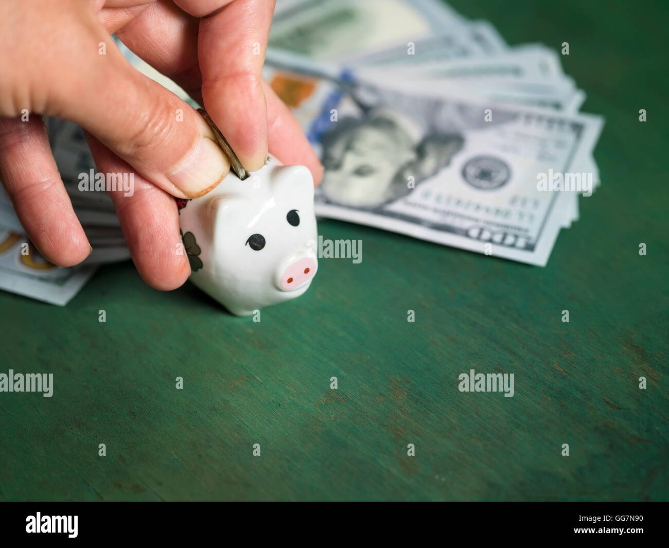 Pig With Coin Getting In A hand inserting abstract coin in a pig money box, US currency in the ...