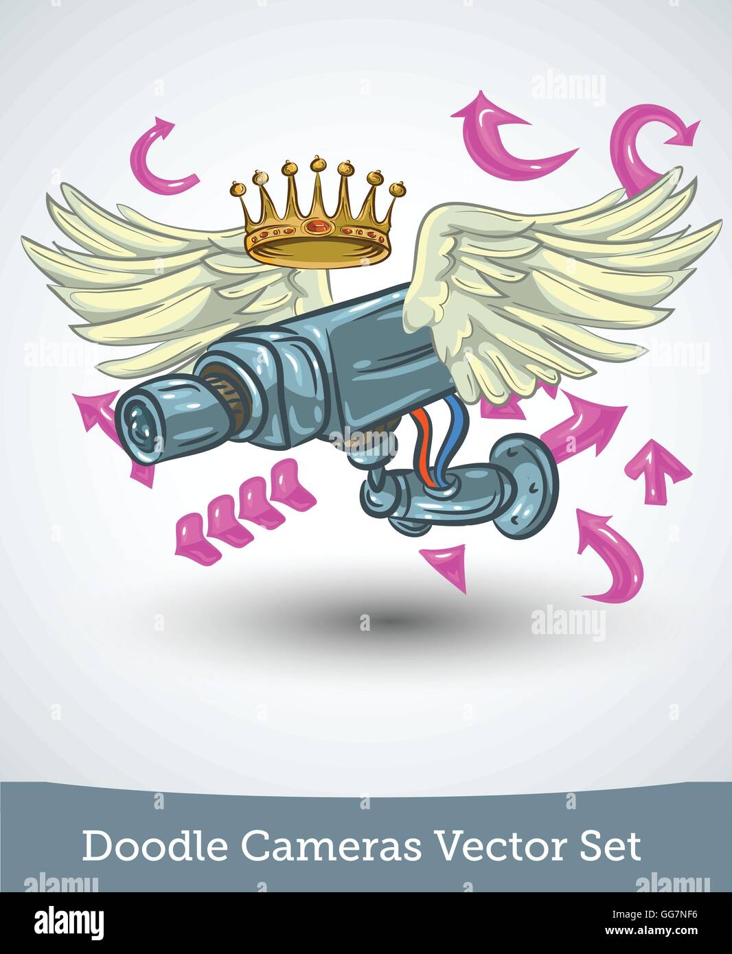 Video camera with wings and crown isolated on white background. Vector