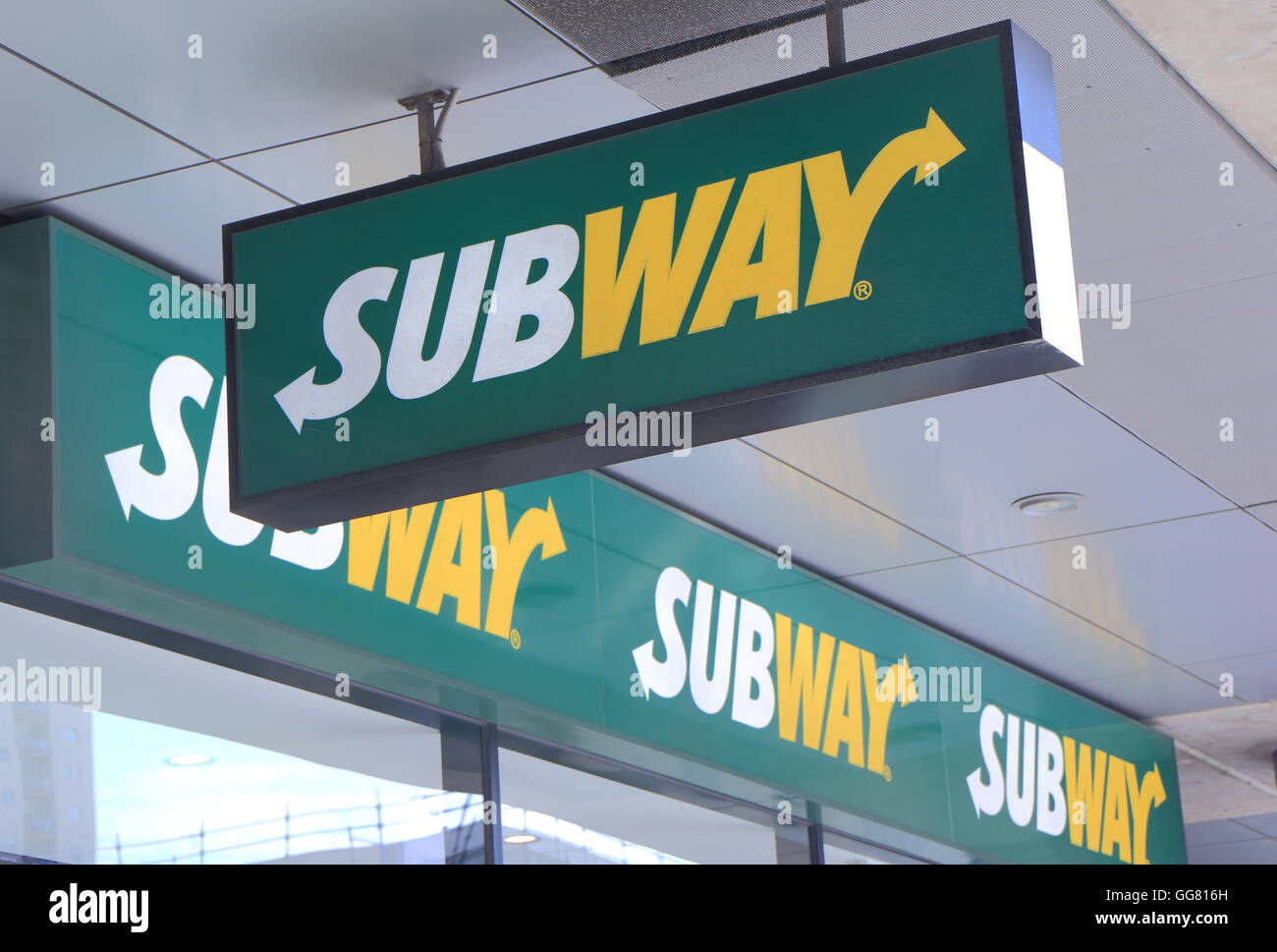 SUBWAY company logo American fast food restaurant franchise that sells sandwiches operating in more than 100 countries. Stock Photo