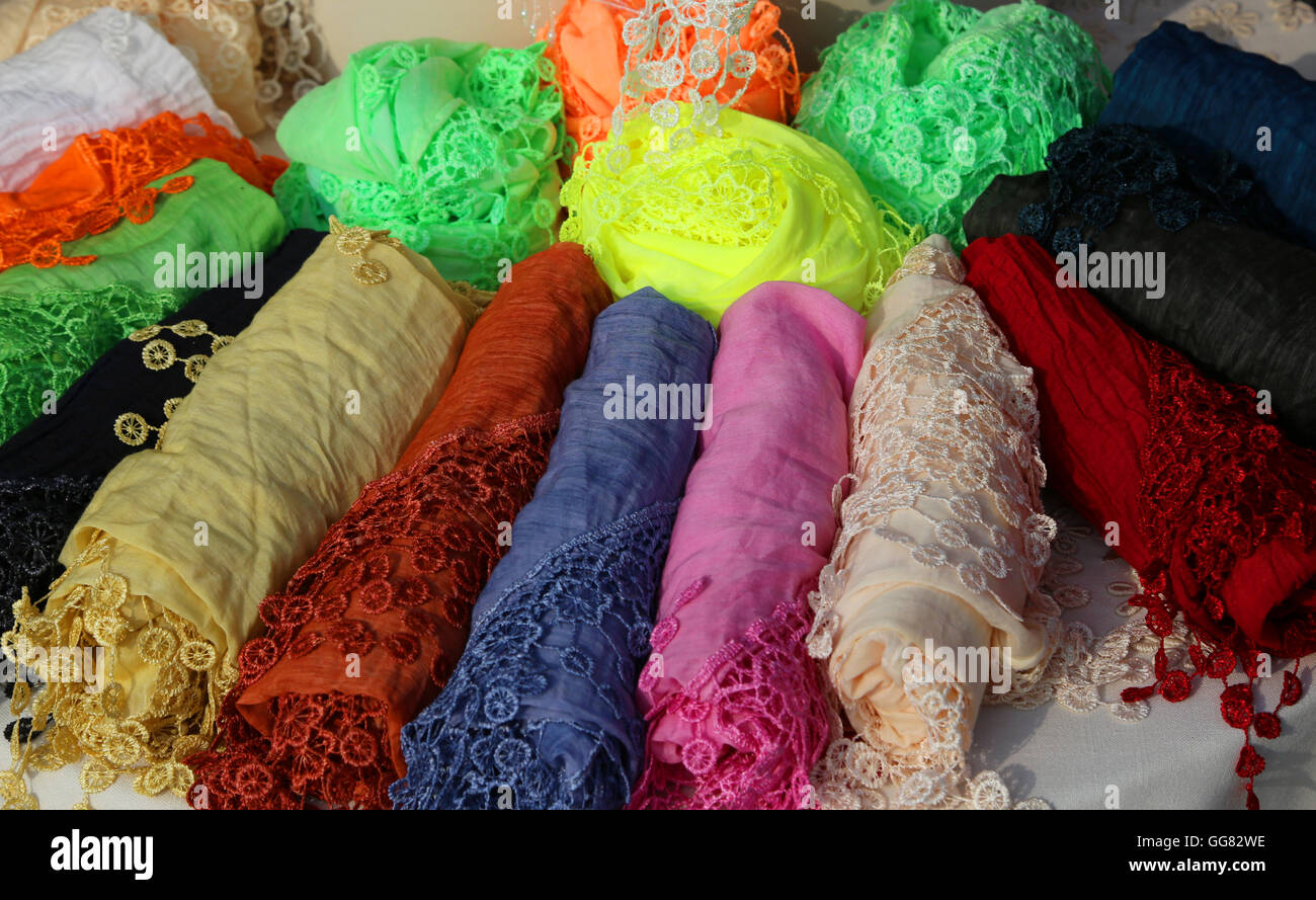 scarves and shawls embroidered with colored border Stock Photo