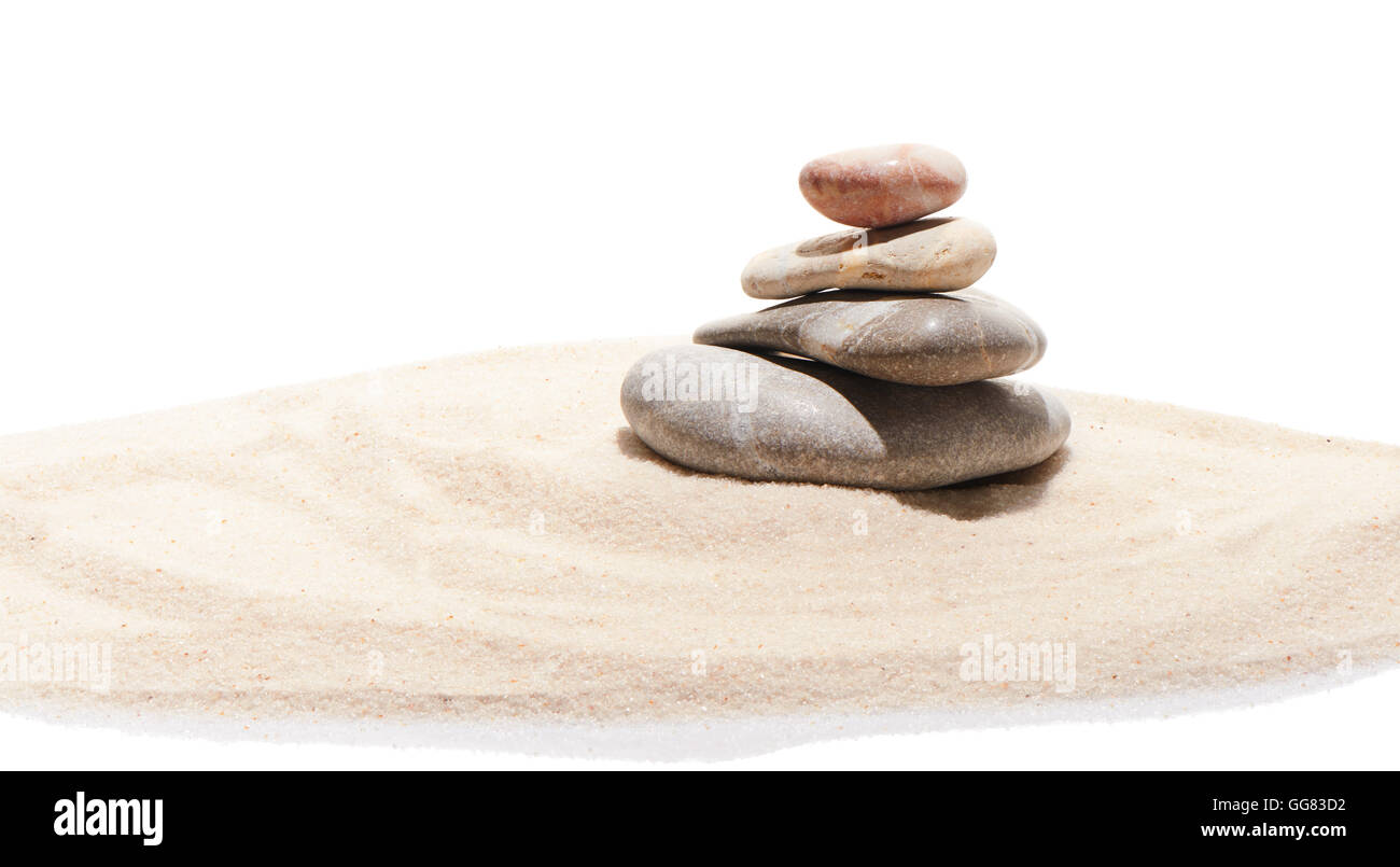 Japanese zen stone garden on sand. Summer beach background Stock Photo
