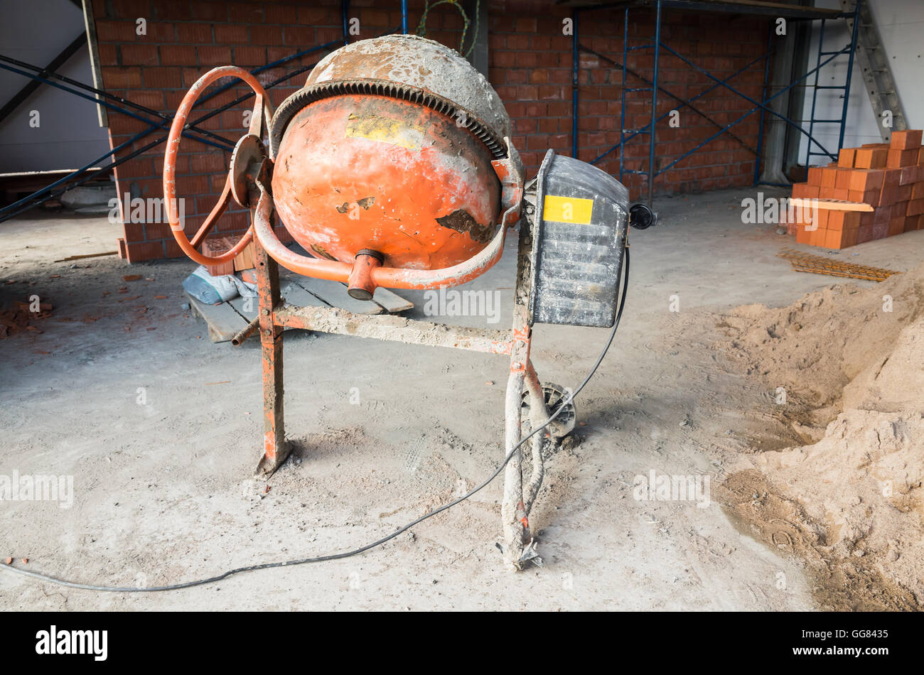 Portable concrete or mortar mixer, construction site equipment Stock