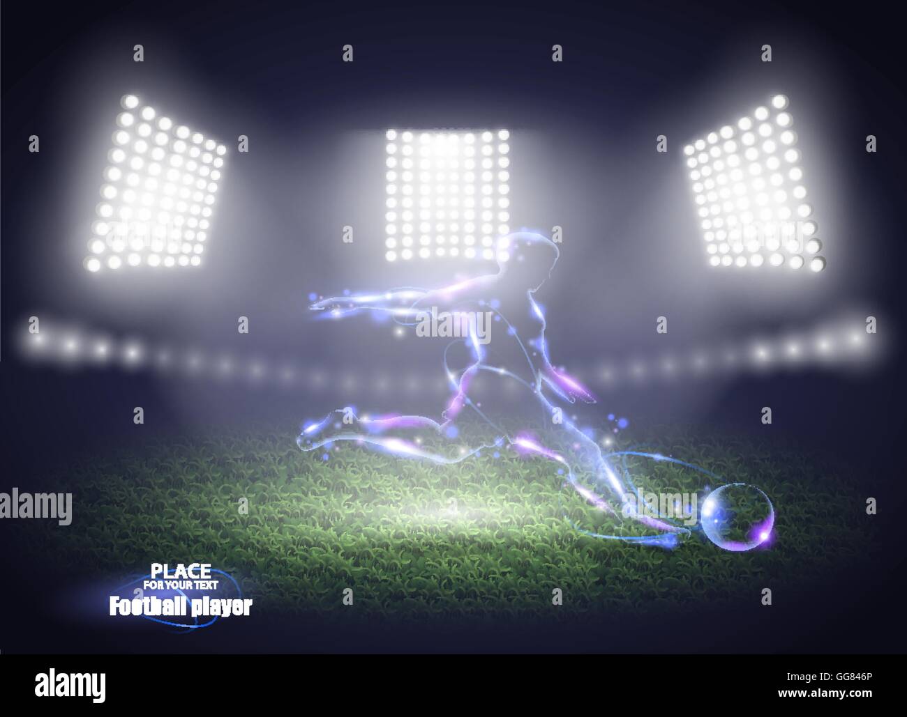 Stadium lights. Motion design. Football player, kick a ball. Vector