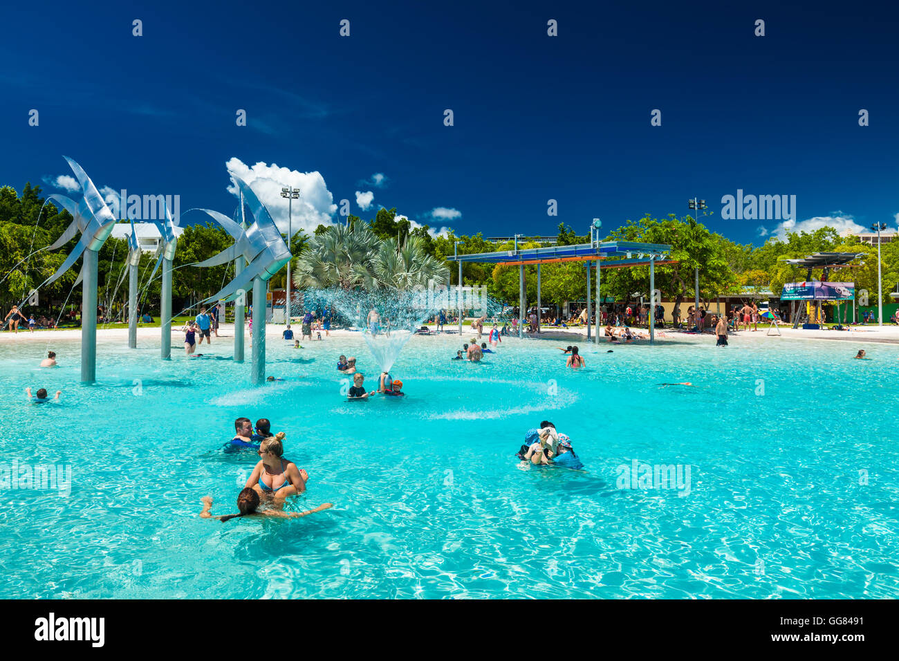 CAIRNS, AUSTRALIA - 27 MARCH 2016. Tropical swimming lagoon on the Esplanade in Cairns with artificial beach, Queensland, Austra Stock Photo